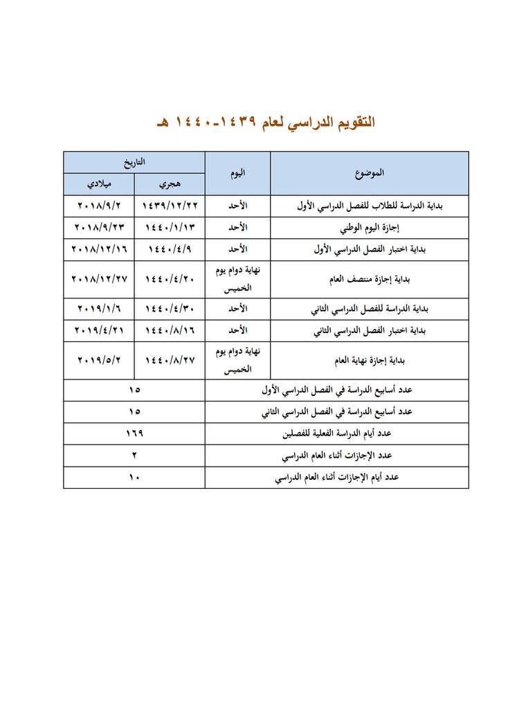 #التقويم_الدراسي 1439-1440 + كل الاجازات 