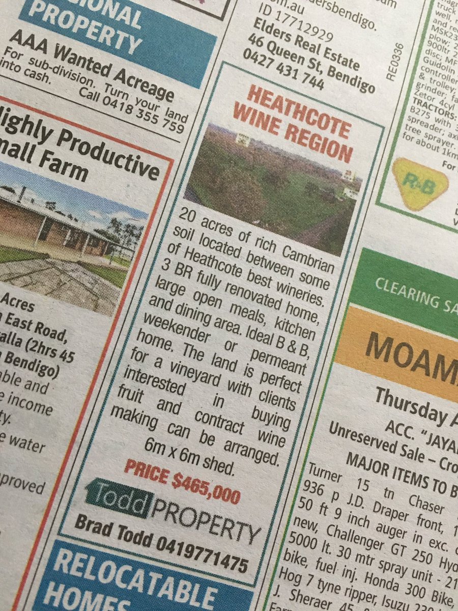TODDProperty's tweet photo. Today's #weeklytimes join the Heathcote wine region today. #cambriansoil call to inspect. #heathcote @sanguinewines https://t.co/In5INJGJG3