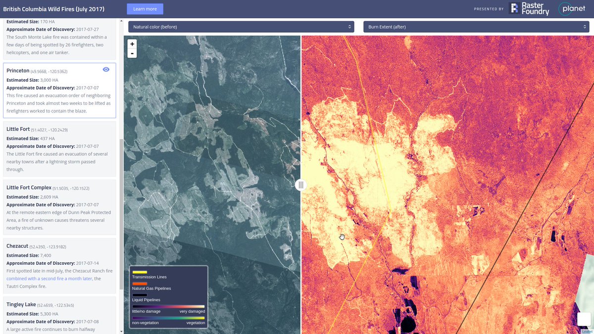 rasterfoundry's tweet photo. We took a closer look at #wildfire damage in British Columbia with @planetlabs imagery: https://t.co/wwkGBD65Ys https://t.co/qUzdAZrqKO