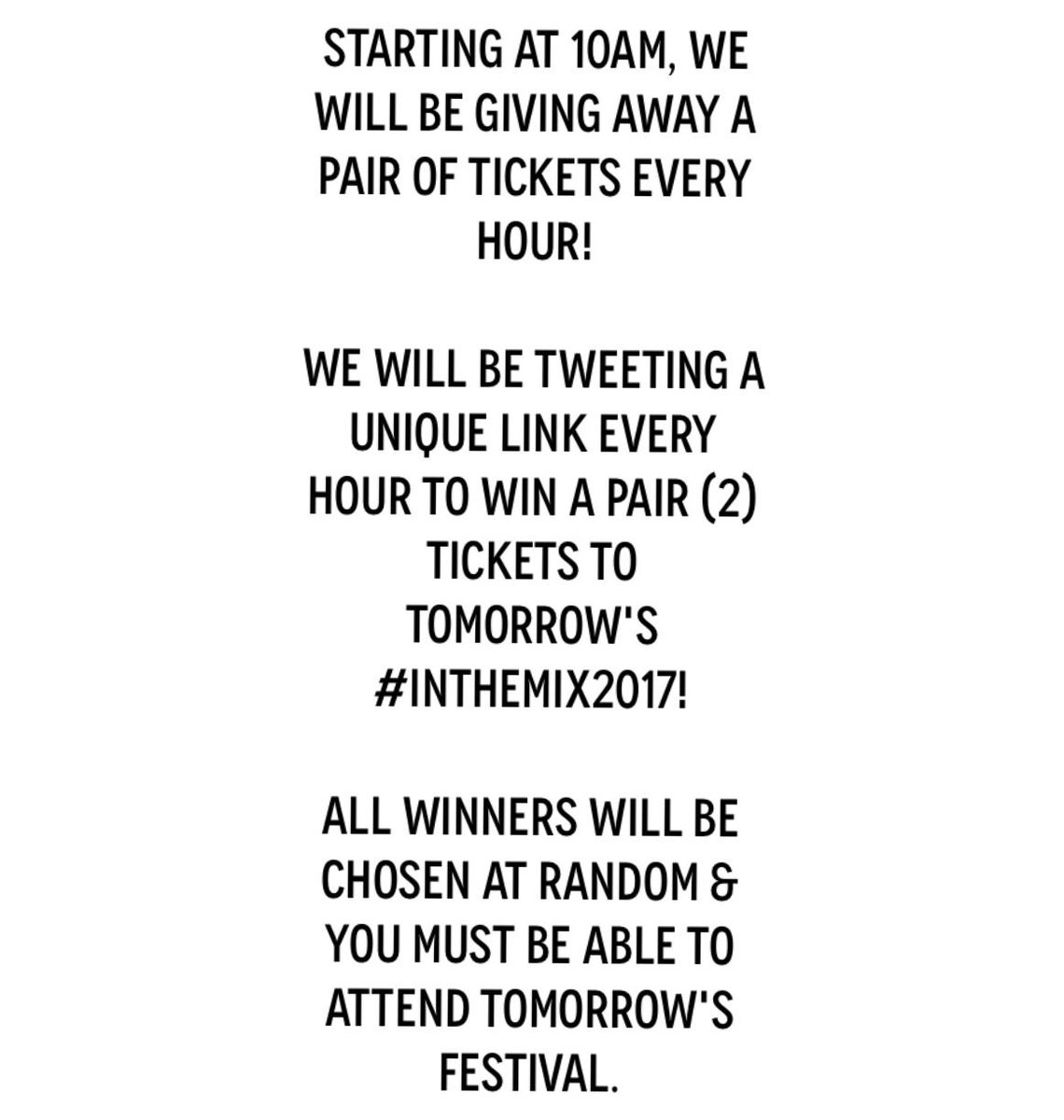 livenationph's tweet photo. WIN A PAIR OF #INTHEMIX2017 TICKETS EVERY HOUR TODAY! ✨🙌🏽👯 https://t.co/MYcqLVKAuX