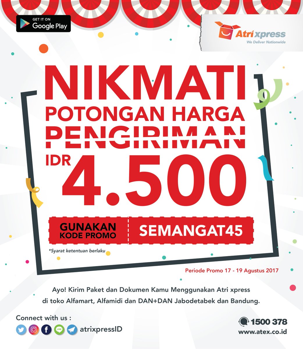 atrixpressID's tweet photo. Nikmati potongan harga sebesar Rp. 4,500 untuk layanan pengiriman ke seluruh Indonesia. Lebih lanjut di https://t.co/UxCbsx2MTm #atexmerdeka https://t.co/epyE2bPUOK