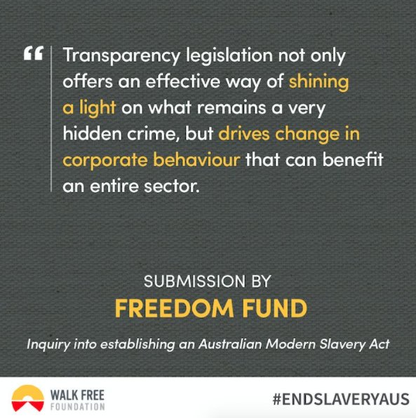 Thanks to all businesses, MPs and NGOs for joining forces and making #EndSlaveryAUS Act a reality. walkfreefoundation.org/news/media-rel… #AusPol
