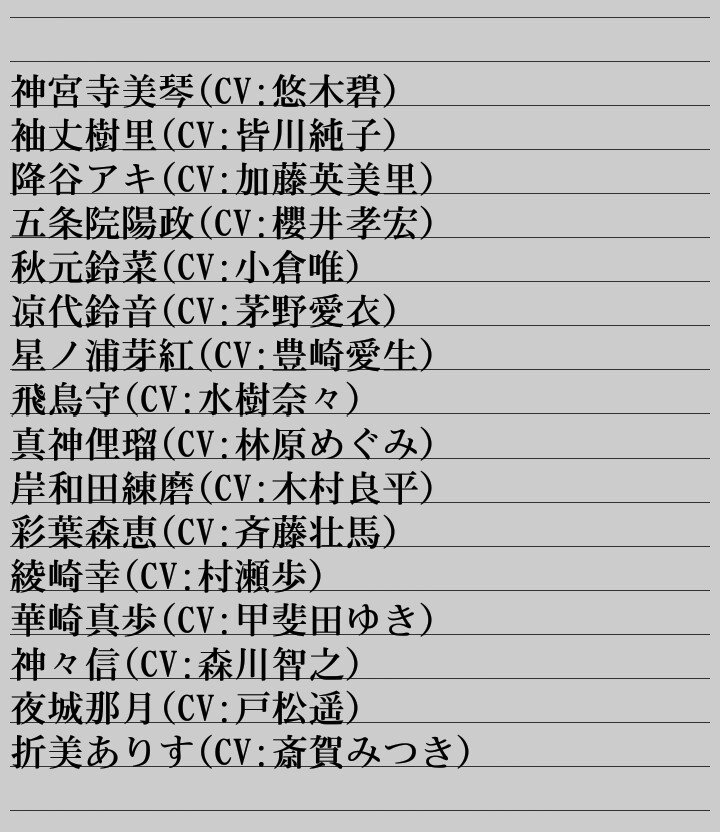 04_ayame's tweet photo. #DRTR
CV妄想。個人的意見かつ私の知ってる声優さんだけだからかなり偏ってるけどだいたいこんな感じかなーと。
※敬称略 https://t.co/QtHUizm1jG
