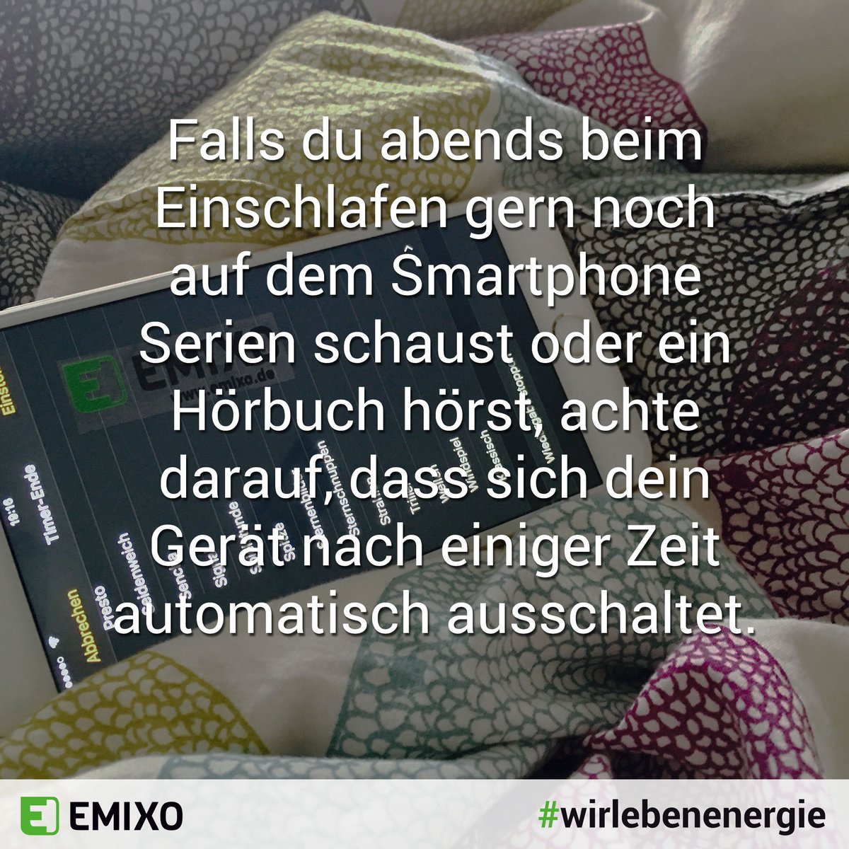 EmixoEnergie's tweet image. Falls du abends beim Einschlafen gern noch Serien schaust oder ein Hörbuch hörst, achte darauf, dass sich dein Gerät automatisch ausschaltet