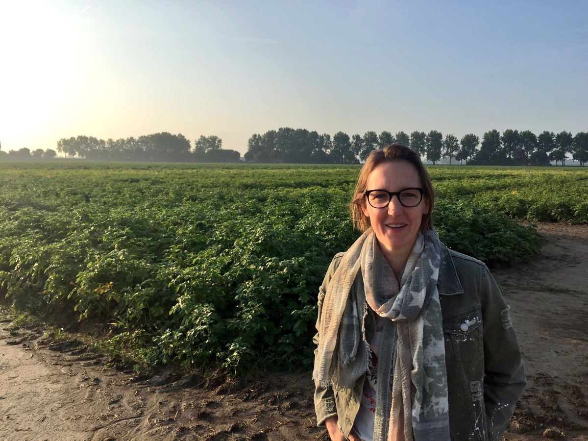 mirjamdewinter's tweet photo. Marieke geeft uitleg over aardappelproefveld van Universiteit Wageningen in Westmaas: "Power to the pieper!" #postcodeparcours https://t.co/yOyHcaqalz