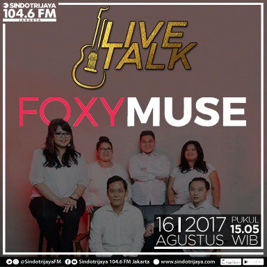 FoxyMuse, band nasionalis dalam balutan lagu dinamis. Akan perform di #SindotrijayaLIVETALK pkl 15.05 WIB. Stay tune in 104.6fm! 😉👍