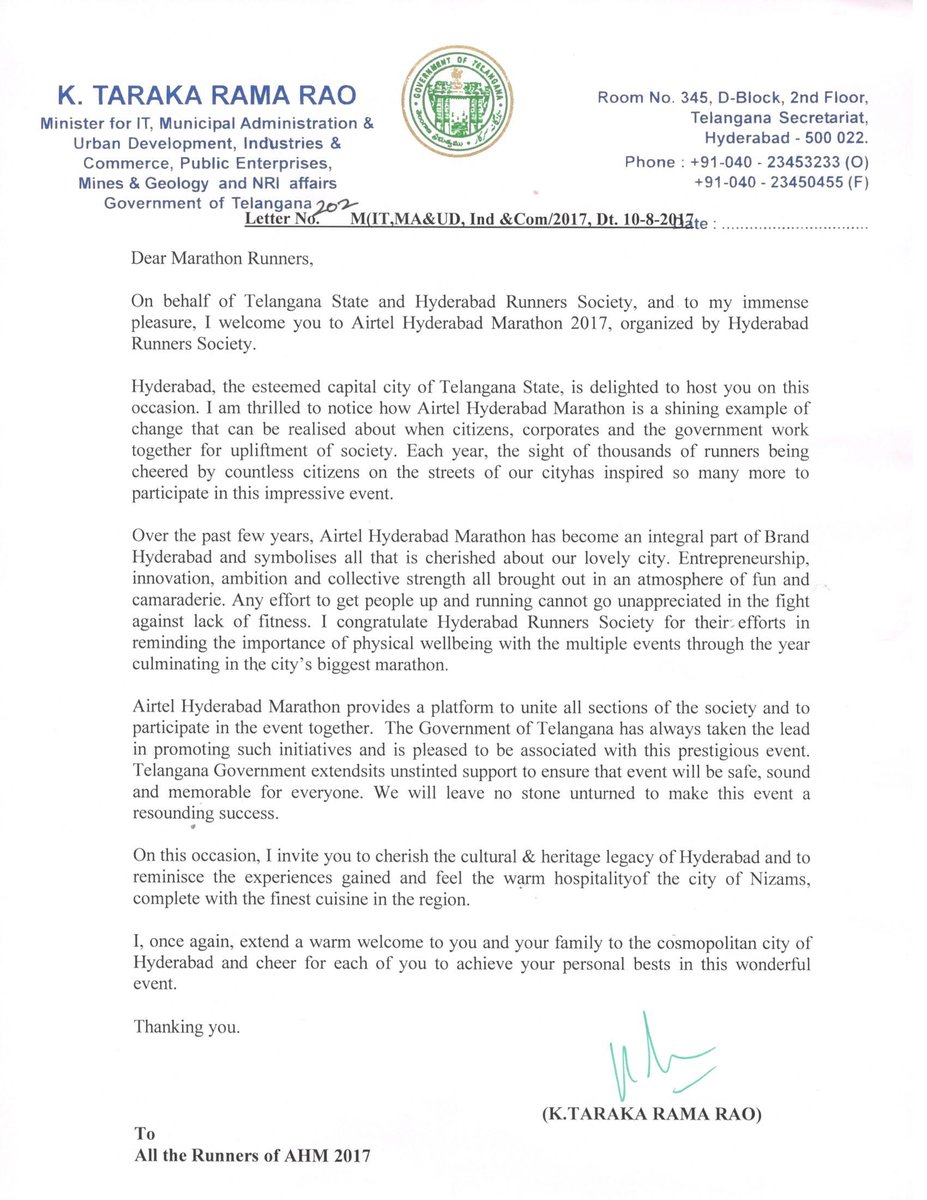 Marathon_Hyd's tweet photo. @KTRTRS We thank you for your kind words.Your steady support is sure to light the fire under our runners' shoes #BhaagLo #AHM2017 #Hyderabad https://t.co/sPBJSYUuqh