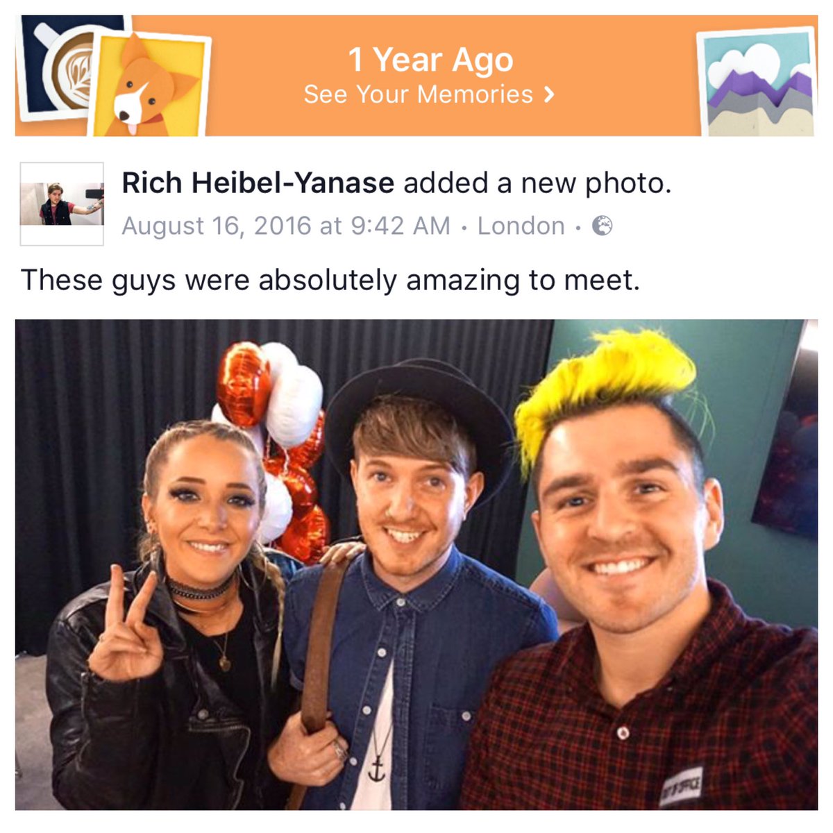 richmothy's tweet photo. Can't believe I met these awesome folk a year ago today! π± my first few months in London were rad. @Jenna_Marbles @JulienSolomita #URrad https://t.co/SKelbJtCYd