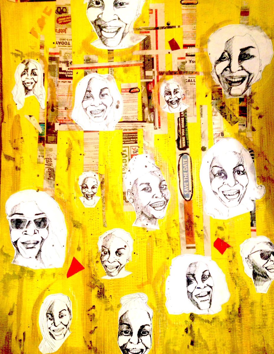 cmichelleart's tweet photo. "14: For Sandra", newsprint, acrylic paint, ink, pen on cardboard, 28x37, 2015. #Sandrabland #sayhername #blm #art #blackart #gender https://t.co/GOqbO57TKU