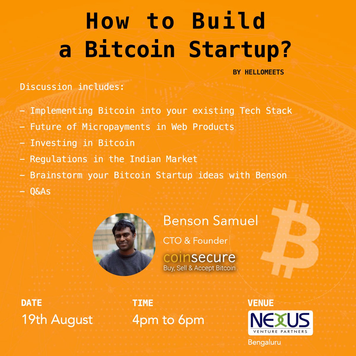 Don't miss a chance to meet <a href="/bensonsamuel/">Benson Samuel</a> at our #Bitcoin Meetup in Bengaluru on Saturday evening!😀 💰 Register here: buff.ly/2x3q8z6
