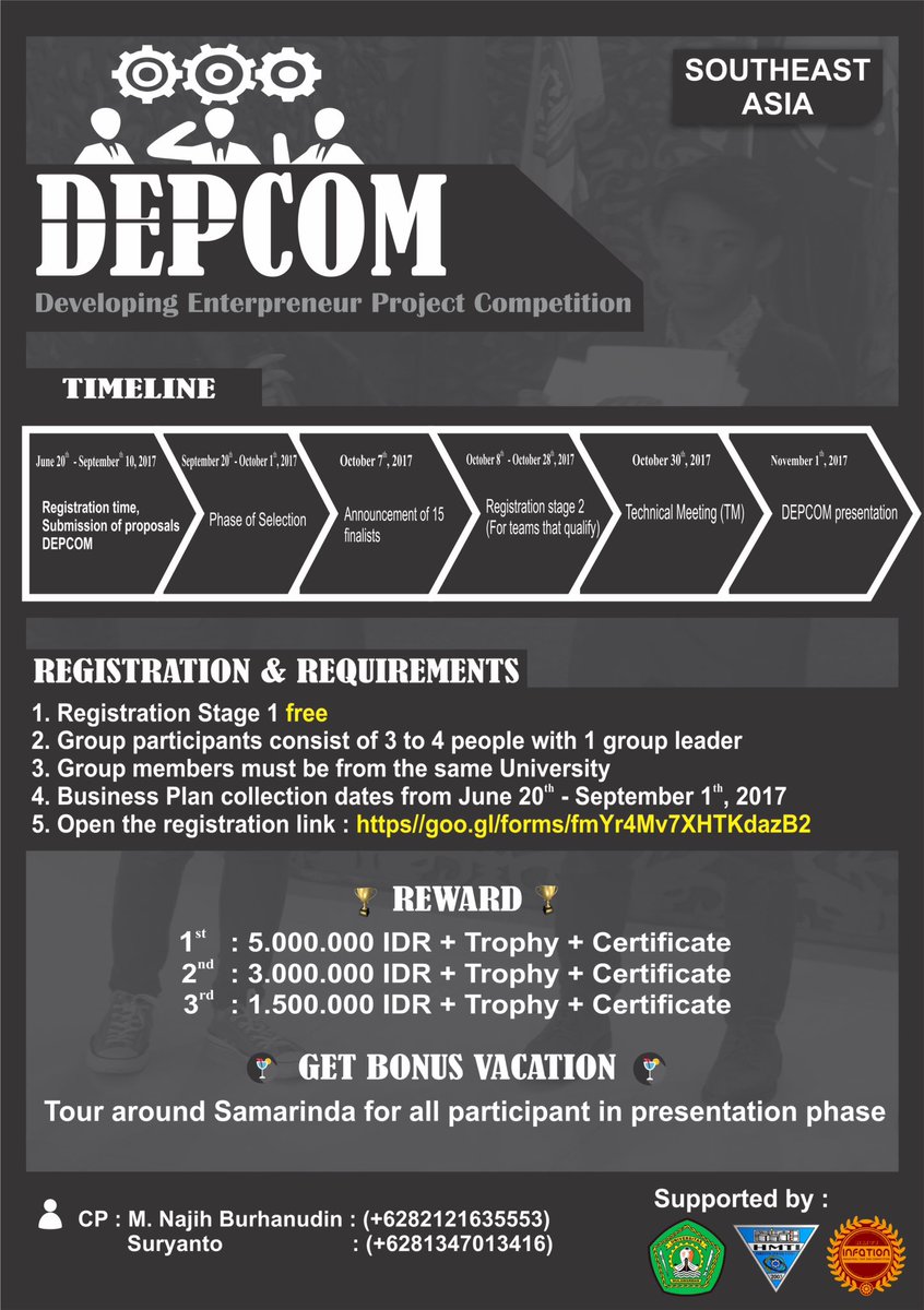 INFATION 2017
"Developing Entrepreneur Project Competition (DEPcom)"

More info cek ig @infation2017 / @hmtiunmul