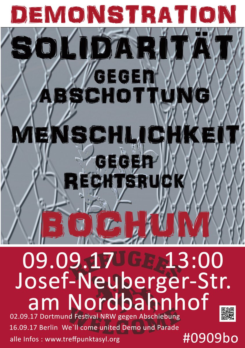 Demo am 9.9. in #Bochum Solidarität gegen Abschottung – Menschlichkeit gegen Rechtsruck #0909Bo #RefugeesWelcome treffpunktasyl.org/2017/demo-soli…