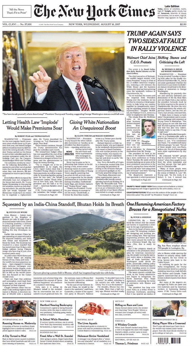 Azi's tweet photo. Wednesday's Broadsheets: #Trump #Charlottesville #WhiteSupremacists #Nazi #AltRigth #AltLeft #AltReality @politicony #PlaybookNY #FrontPage https://t.co/5Fj6XuAKcE