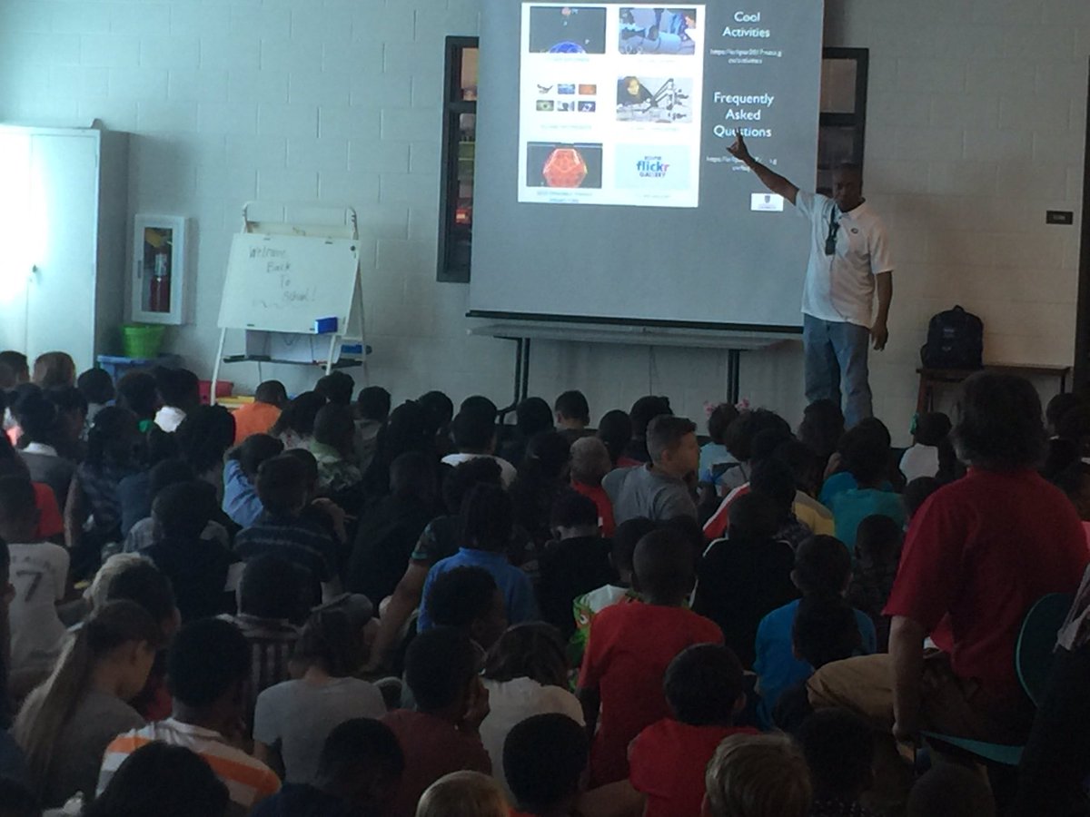 Dr. Marshall Shepherd from Weather Channel's "Weather Geeks" talks eclipse to kids at Alcova ES. They are LOCKED in! <a href="/GwinnettSchools/">Gwinnett Co. Schools</a>