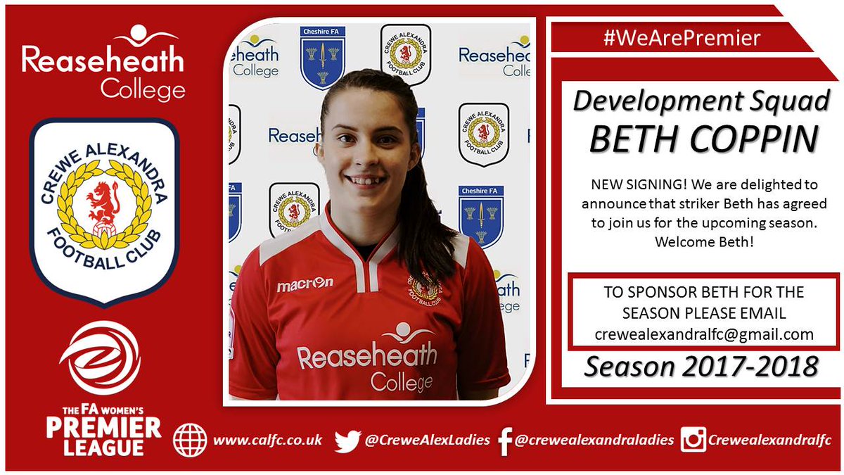 CreweAlexWomen's tweet photo. βοΈ NEW SIGNING! #CALFC are delighted to announce that striker Beth Coppin has agreed to join us for the 2017/18 season! #WelcomeBeth https://t.co/eizGiE4IkE