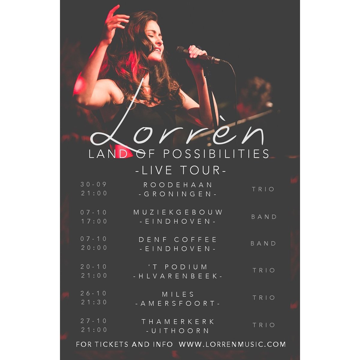 LorrenMusic's tweet photo. Jeeej! Ik ga weer op tour!! 😀 'Land of Possibilities' Live #Tour is een feit! Op #intieme en #mooie locaties door heel Nederland. https://t.co/VBfQLl366O