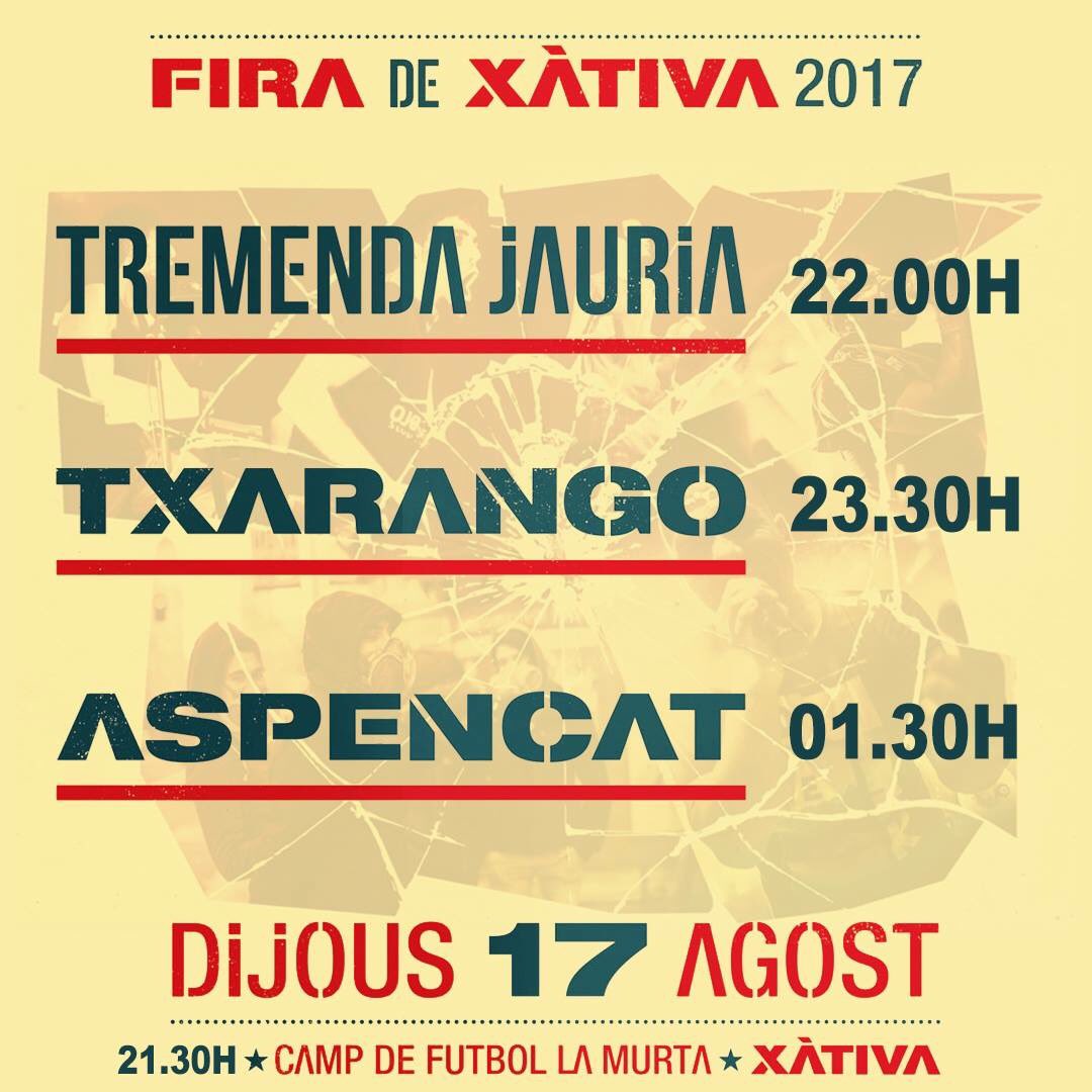 HORARIS <a href="/FiradeXativa/">Fira de Xàtiva</a> 2017 !!!
14 agost - camp de futbol la murta

<a href="/tremendajauria/">Tremenda Jauría</a> 22:00
<a href="/txarango/">Gemma</a> 23:30
<a href="/AspencatOficial/">Aspencat</a> 01:30