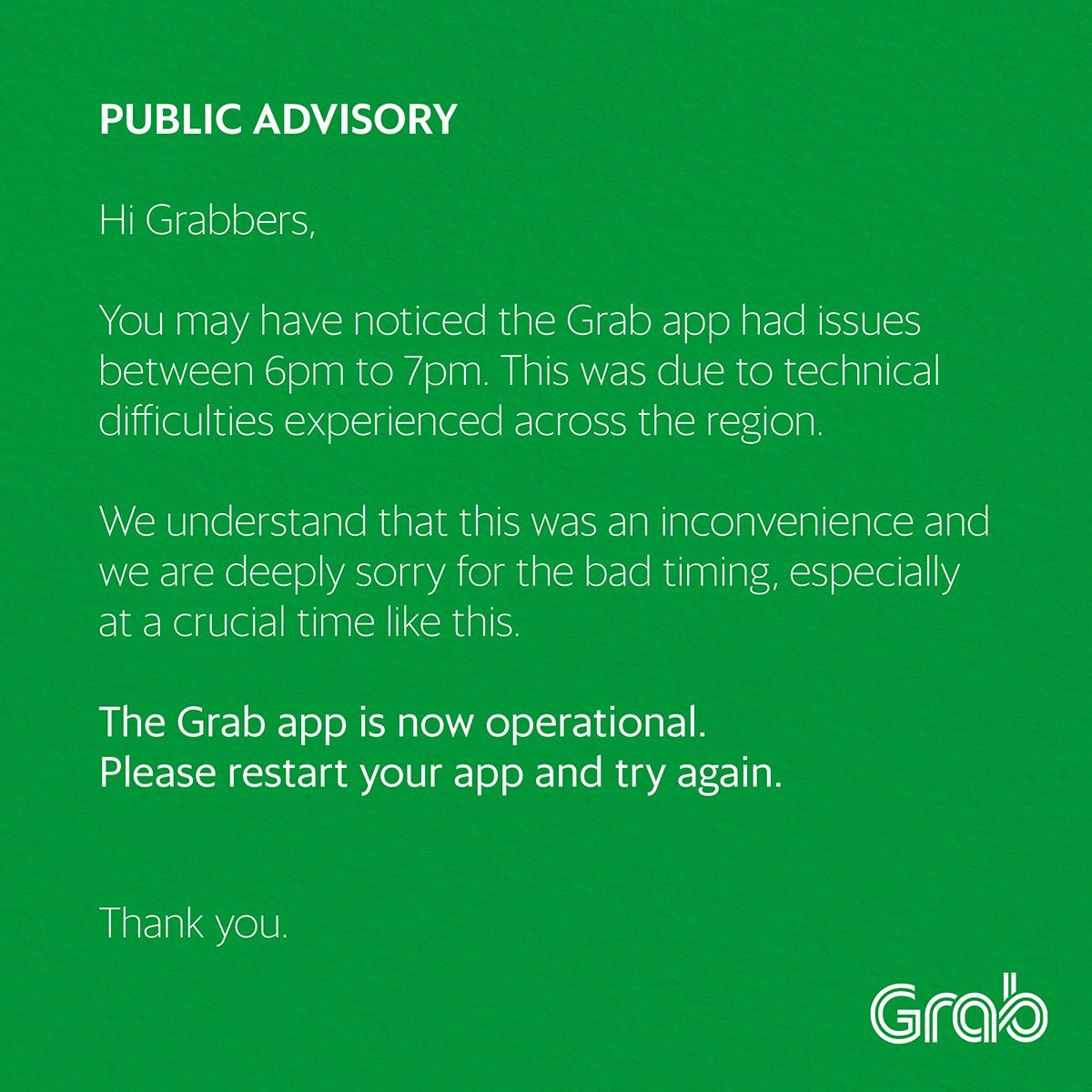 grabph's tweet photo. The Grab app is now back up. #GrabPH https://t.co/drNwEALzYU