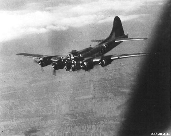 This B-17G Fortress took a direct hit in the nose on a mission to Budapest, 14 July 1944. Two were killed instantly but the rest survived.