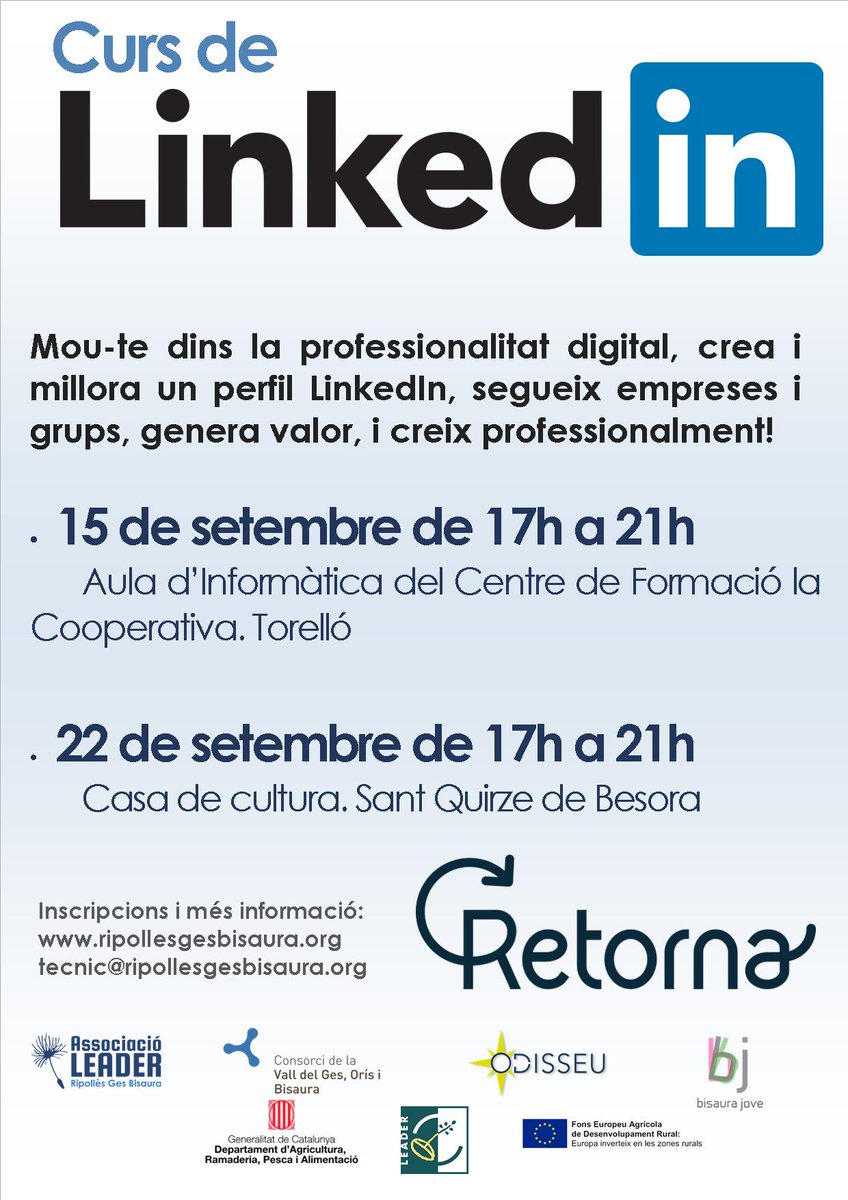 LeaderRGB's tweet photo. Aquest setembre tenim dos cursos LinkedIn gratuïts a Torelló i Sant Quirze de Besora! INSCRIPCIONS OBERTES https://t.co/QzU5pYvGv6 !!! https://t.co/utua8ra0iY