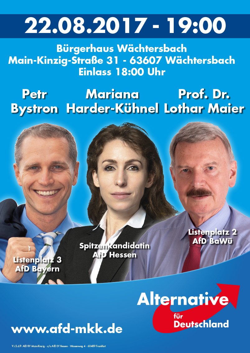 M_HarderKuehnel's tweet photo. Herzliche Einladung für den 22.08. (Di.) nach #Wächtersbach.
Freue mich sehr auf Petr @BystronAfD und @ProfMaier!
#TrauDichDeutschland: #AfD https://t.co/EjoytLIhFL