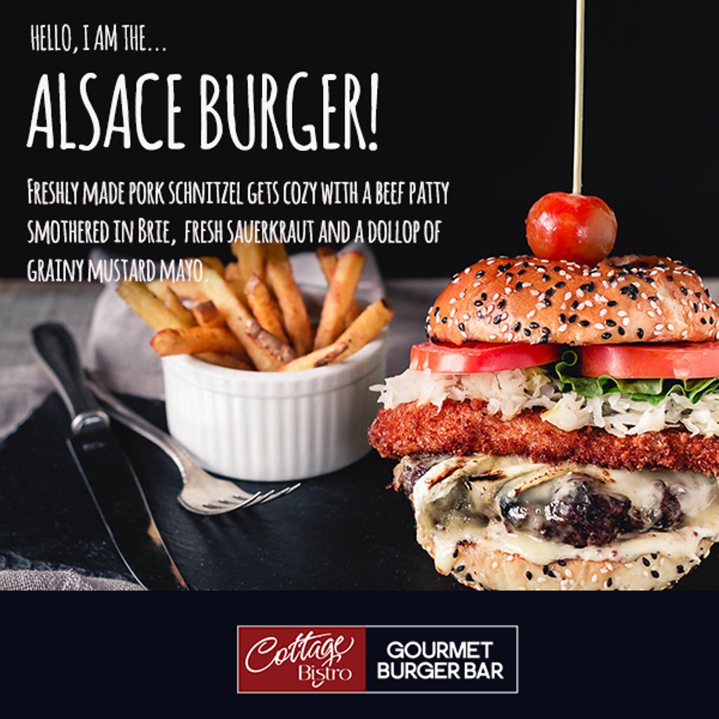 Meet: The Alsace Burger! It's Got #Sauerkraut #Schnitzel and #Brie.  It's magically delicious and It's only here until #Sunday