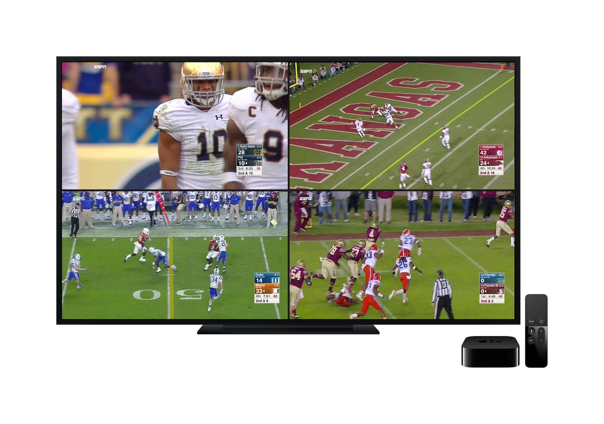 Recode's tweet image. ESPN’s new Apple TV app lets you watch four screens of live sports at the same time recode.net/2017/8/16/1615…