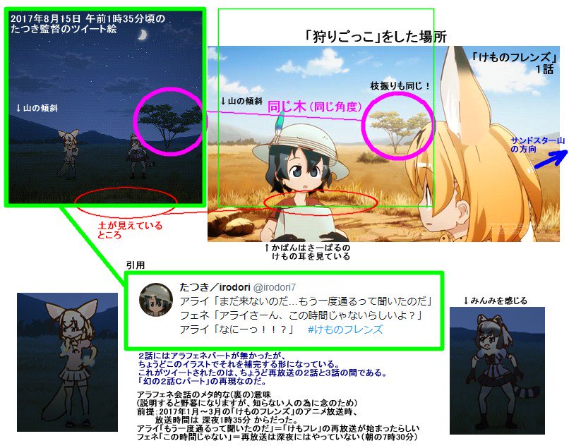 Ginneko3d アラフェネがいた場所特定 たつき監督の 深夜のサバンナ を描いたイラスト アライさんとフェネックがいた場所は アニメ１話で かばんとサーバルが 狩りごっこをしていた場所 と全く同じである けものフレンズ考察班 けものフレンズ