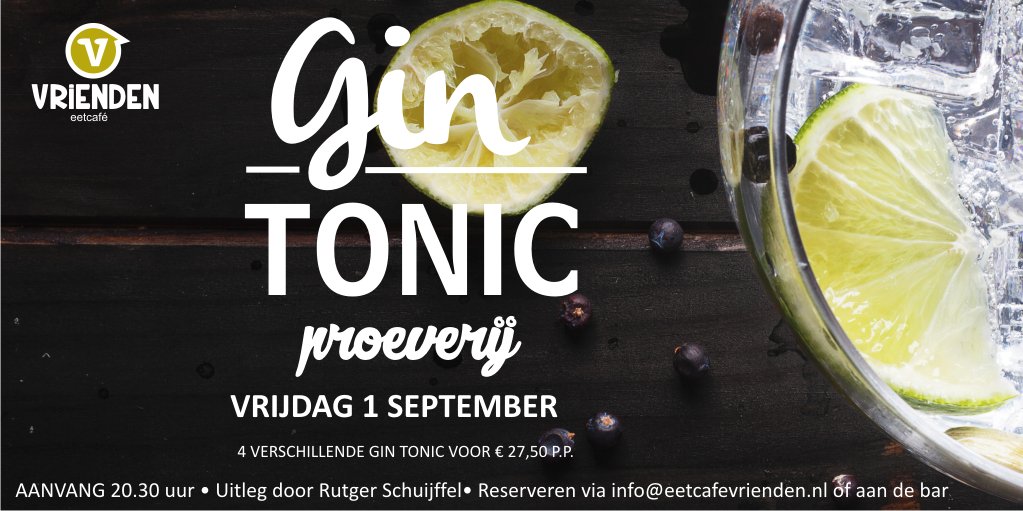 Vrijdag 1 september een leuke Gin Tonic Proeverij in ons Eetcafé Vrienden. Verzorgd door <a href="/hauer024/">Rutger Schuijffel</a>. Graag vooraf reserveren#Leuk #Wijchen.