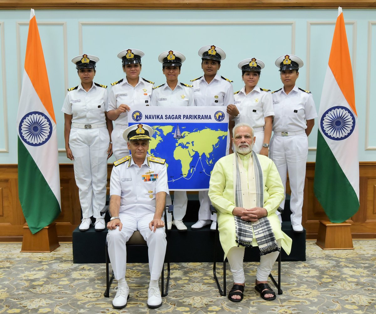 narendramodi's tweet photo. Met 6 bright officers of the Indian navy who are going to circumnavigate the globe on the sailing vessel, INSV Tarini. https://t.co/P0jtaTbMQD