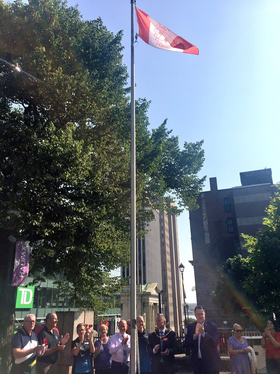 MikeSavageHFX's tweet photo. Raising the @KinCanada flag this morning, welcoming delegates to Halifax for the 97th national #KinCanada convention. @TonyMancini_NS https://t.co/muQeEKJfWK