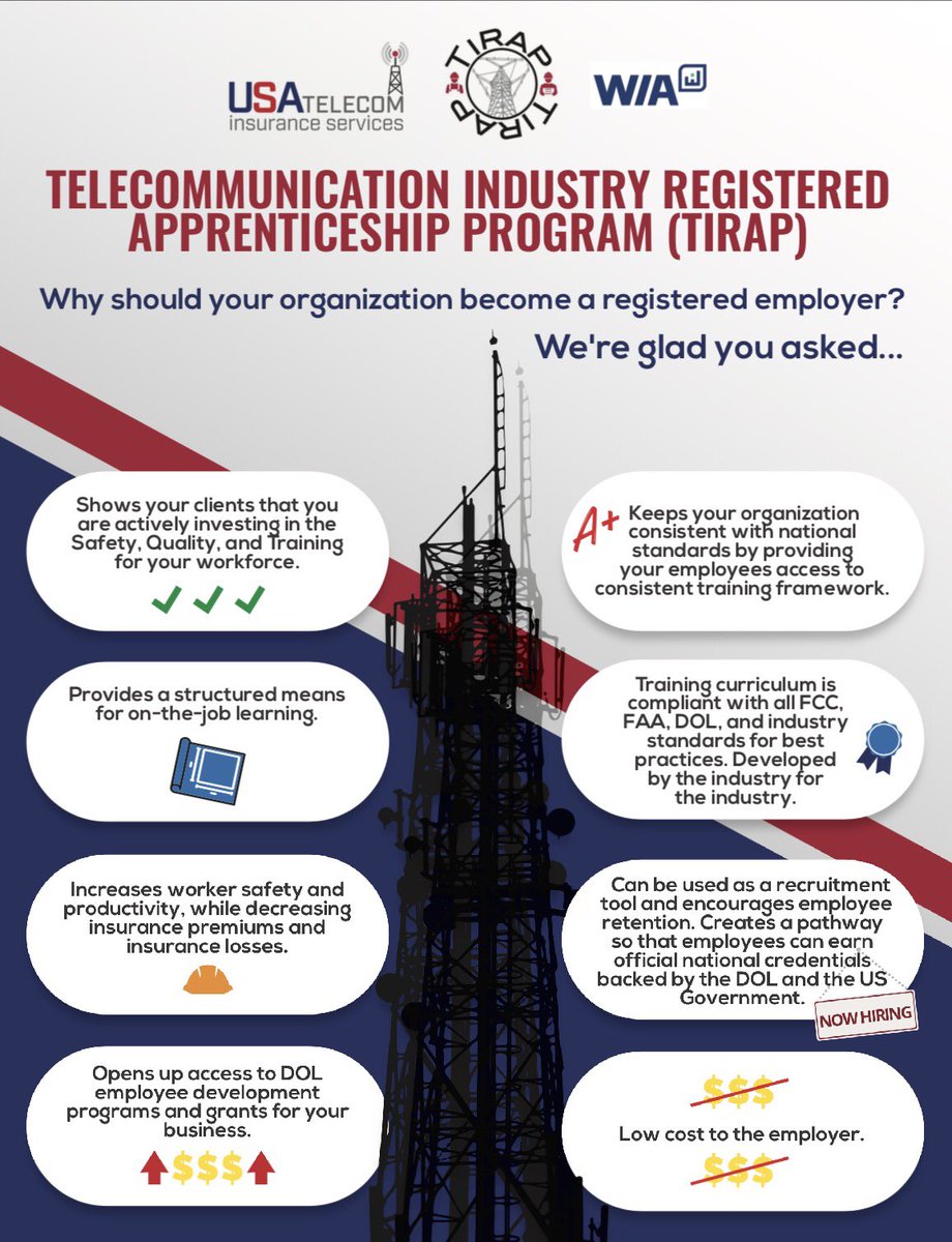 USATelecomIns's tweet image. Why become a registered employer of @TIRAProgram? @WIAorg @W4WTelecom