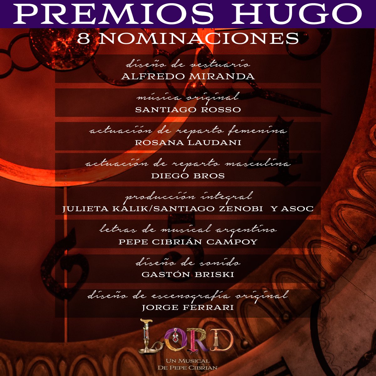 8 nominaciones a los <a href="/PremiosHugo/">Premios Hugo</a>! 👏🏻👏🏻👏🏻 Estamos felices! #LordElMusical 🎩🎶