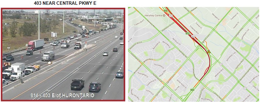 511Ontario's tweet photo. #Mississauga: #Hwy403 WB at Central Parkway, HOV &amp; 2 left lanes are closed due to #EmergencyRoadWork repairs. #ONHwys https://t.co/vmHGTW2bXD