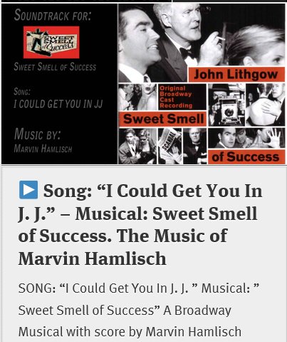 <a href="/E_Dickinson/">Emily Dickinson</a> <a href="/MerylStreepPage/">Meryl Streep Page ©</a> <a href="/MerylStreepers/">Meryl Streep Fans</a> <a href="/KevinKlineActor/">Kevin Kline Official</a> @reporter6 <a href="/char18blair/">Charlotte Blair</a> <a href="/JEGConductor/">JEG Music 🟧🇺🇦</a> <a href="/IMDb/">IMDb</a> <a href="/theatermania/">TheaterMania</a> <a href="/BroadwayWorld/">BroadwayWorld</a> <a href="/BarbraStreisand/">Barbra Streisand</a> <a href="/fan_streisand/">BarbraStreisandFan</a> <a href="/TheJeffBridges/">Jeff Bridges</a> <a href="/playbill/">Playbill</a> <a href="/BroadwayWorldUK/">BroadwayWorld UK</a> #ICouldGetYouInJJ (Sweet Smell of Success) marvinhamlisch.us/?p=12842