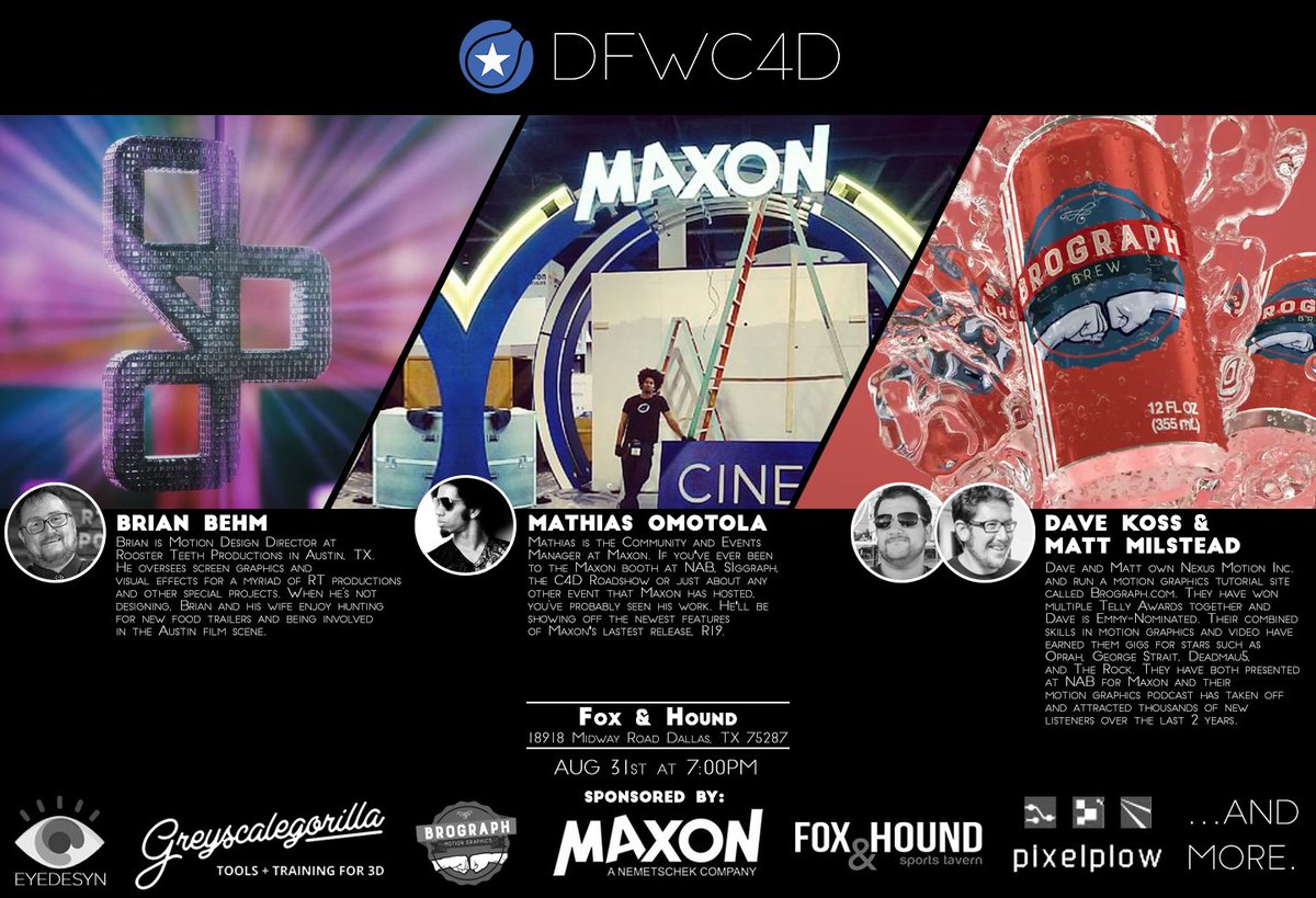 brograph's tweet photo. #DFWC4D | Our 3rd meetup. Come see @flabbyironman &amp; @Majorvfx speak about @maxon3d's #cinema4d #motiongraphics https://t.co/dBKgIDOaMb https://t.co/Q0cMR3Xsi3
