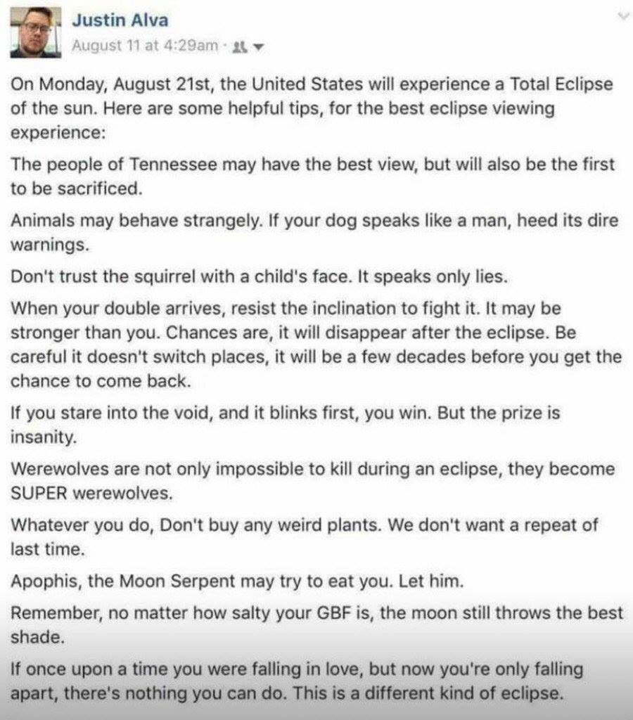 WTFMahon's tweet photo. Some great tips to help you #DuringTheEclipse 😂 https://t.co/WnakTtmgBp