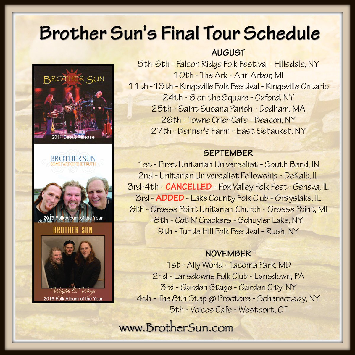 Here's an updated final tour schedule.  We hope to see you at one of our performances.