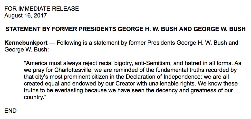 jgm41's tweet photo. Statement by former Presidents @GeorgeHWBush and George W. Bush. https://t.co/ssNQKmeYNm