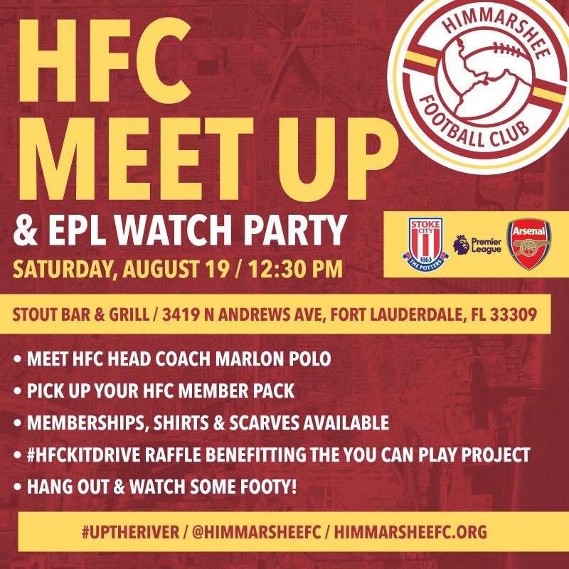 HimmarsheeFC's tweet photo. Who wants to hang out &amp; watch some soccer?

Join us Saturday at @Stout_FL for #StokeCity v #Arsenal, good company+good times! 

#UpTheRiver https://t.co/ZAl250cZrF