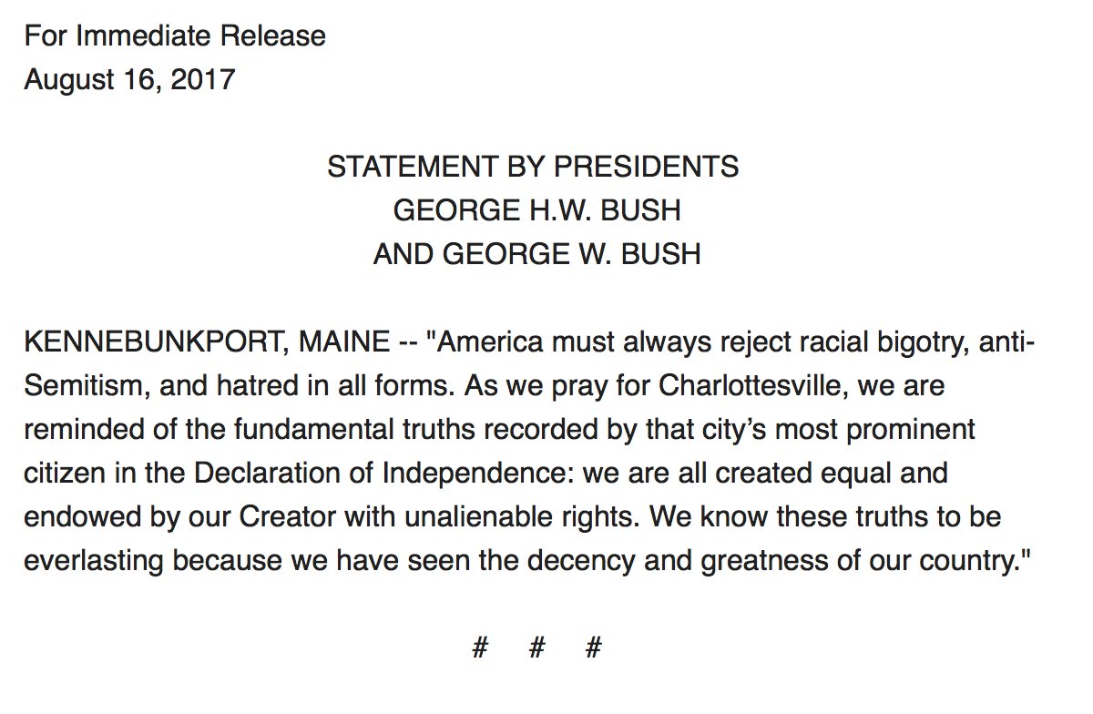 ABC's tweet photo. JUST IN: Presidents George H.W. Bush and George W. Bush: “America must always reject racial bigotry, anti-Semitism, and hatred in all forms" https://t.co/6Q4xHCiPRy