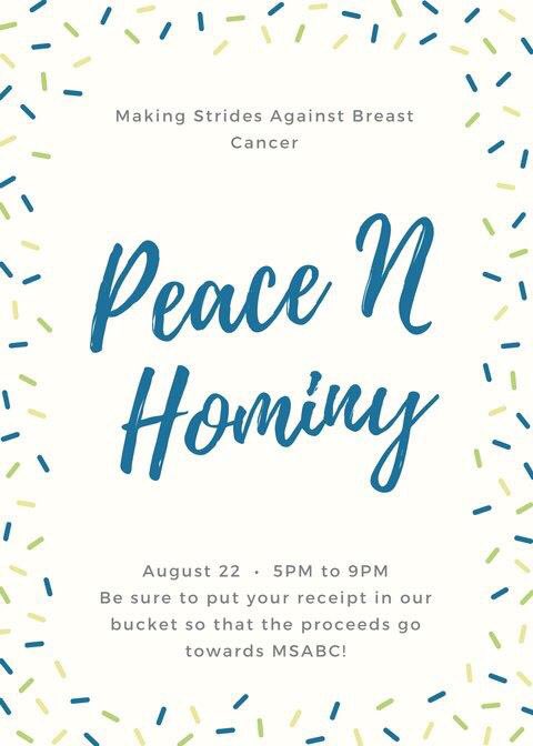 StridesCLT's tweet photo. It's already time for another event! Join us on Aug. 22 at Peace N Hominy in Belmont, NC for a proceed night from 5-8pm! #msabc #msabcclt https://t.co/kKc2sNBxGf
