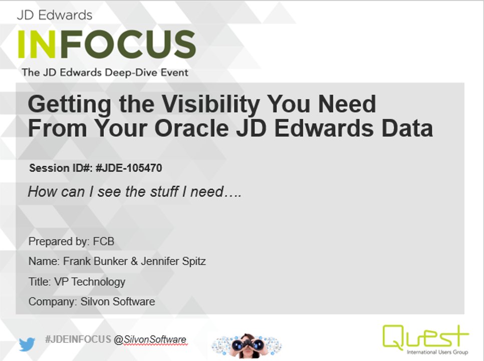 SilvonSoftware's tweet photo. Join us at today's session on "Getting The Visibility You Need From Your Oracle JD Edwards Data" - 1:30 Court C #silvonsoftware #JDEINFOCUS https://t.co/1BBB6Wlhg5