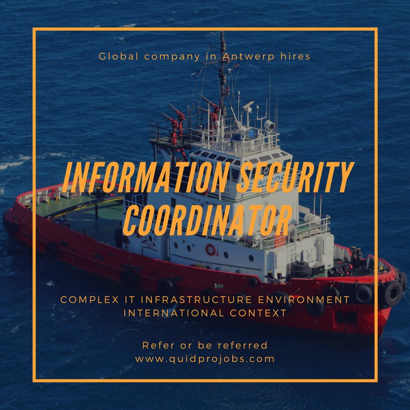 QuidProJobs's tweet photo. Global company in #AntwerpseHaven hires #ITSecurity officer #CISSP #CISA Refer or be referred via https://t.co/wMHDeSjQf1 #JobReferral https://t.co/a350Ycsk4b