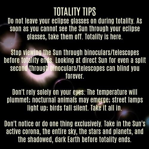 NBeclipsefest's tweet photo. TOTALITY TIPS- take a look at these tips to fully enjoy the Total Solar Eclipse during TOTALITY! https://t.co/zk0Ncg9U4w