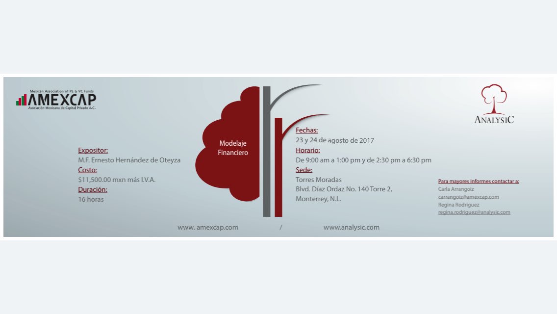 Analysic's tweet photo. Curso Modelaje Financiero en Monterrey - Analysic y @AMEXCAP este 23 y 24 de Agosto https://t.co/IQvVSZzPeP