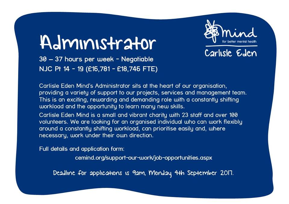 CE_Mind's tweet photo. We're looking for a dynamic Administrator, if that's you please apply. #CEmind #jobsincumbria #charityjobs #jobs #carlisle https://t.co/CdZJM4p6yp