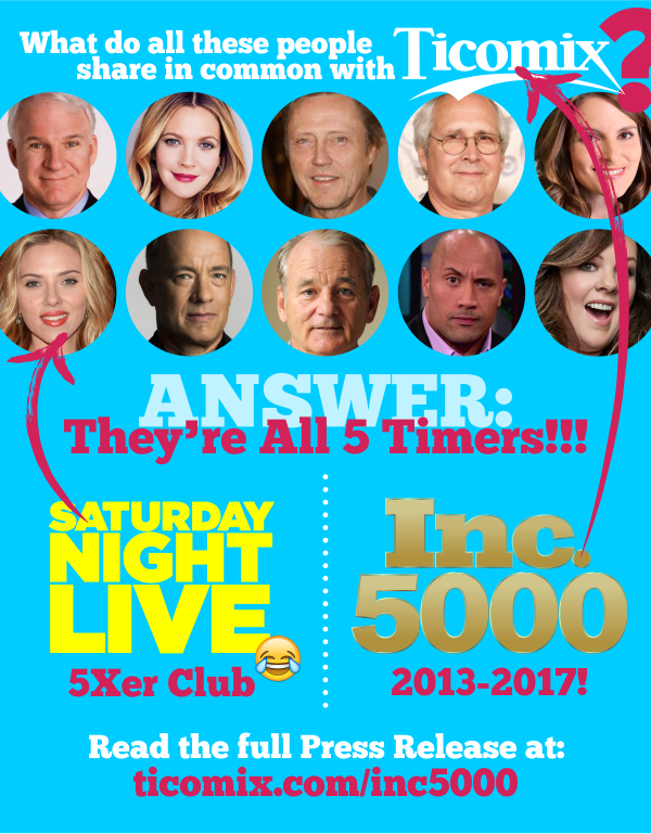 TicomixInc's tweet photo. Here's the big reveal! Did you guess the answer? Thrilled to be on @inc5000's list for the 5th time! Full PR here » https://t.co/YWZ2E8PeLK https://t.co/xeTcrqQBDG