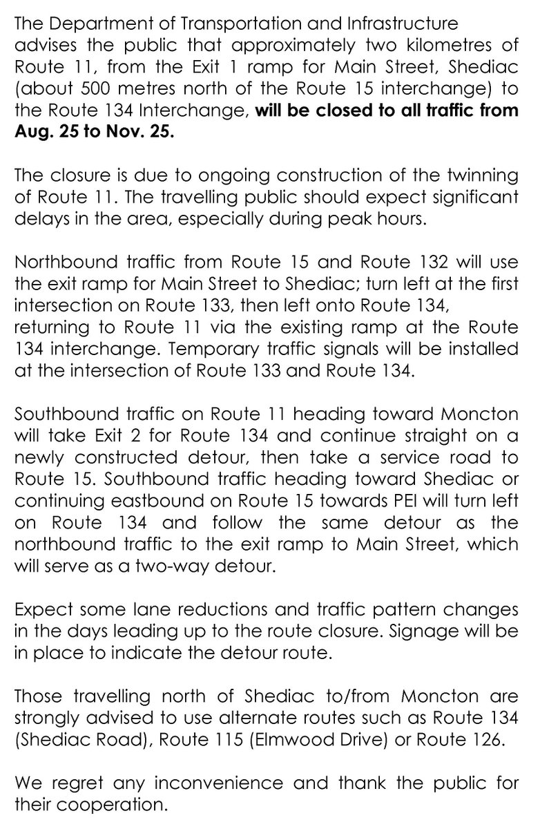 APTA_Trucking's tweet photo. Closure of Route 11 section scheduled for Aug 25 to Nov 25, near #Shediac. https://t.co/nQAx2NE29Y https://t.co/0mZmgEHWeO