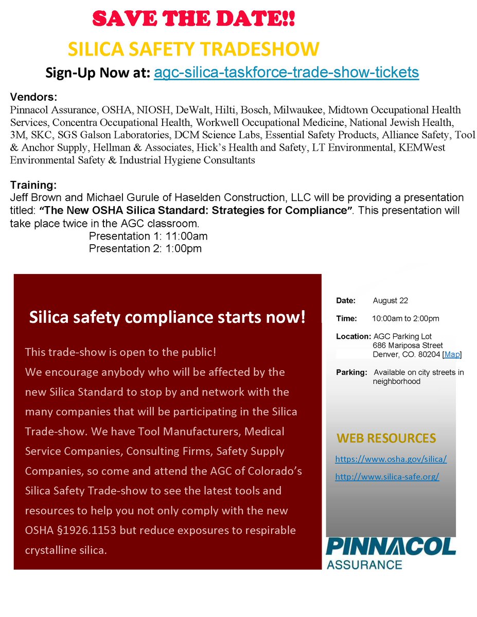 AGC_Colorado's tweet image. See you next week for #SafetyUpdates @AGC_Colorado Silica Taskforce Tradeshow Aug 22 10am-2pm ow.ly/KTmZ30epjv5 #construction